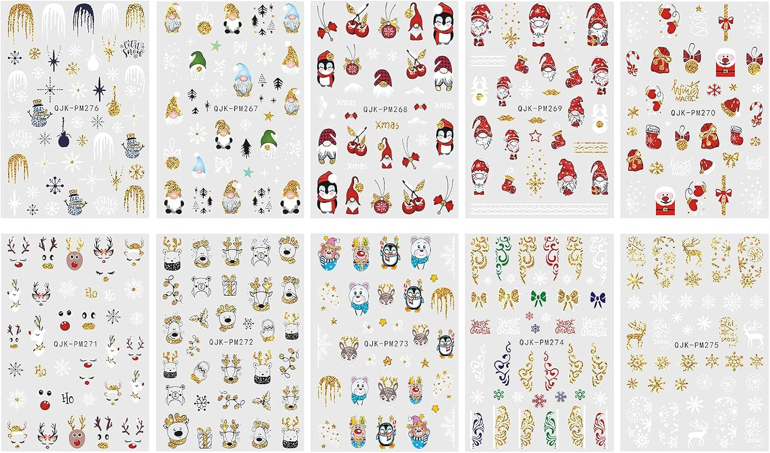 JMEOWIO Nagelsticker Weihnachten 10 Blatt Nail Art Sticker Selbstklebend Nagelaufkleber Glitter Schneeflocke Xmas Winter Urlaub Gold Dekoration Nageldesign Zubehör