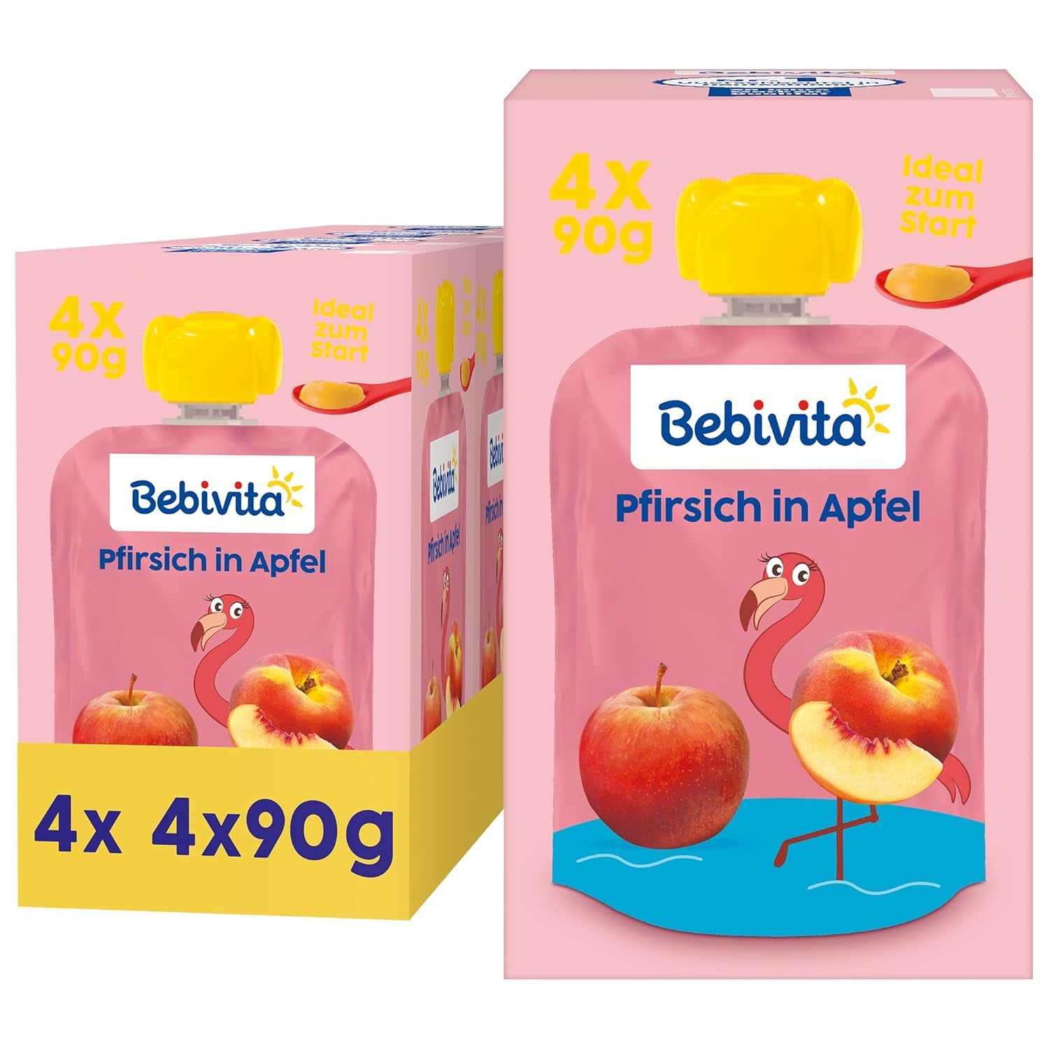 Sachets compressibles pêche pomme - paquet de 16 (4 paquets, 4 x 90 g chacun), sans sucre ajouté, sans gluten, végétalien, idéal pour les bébés à partir de 5 mois, parfait pour emporter