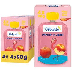 Sachets compressibles pêche pomme - paquet de 16 (4 paquets, 4 x 90 g chacun), sans sucre ajouté, sans gluten, végétalien, idéal pour les bébés à partir de 5 mois, parfait pour emporter
