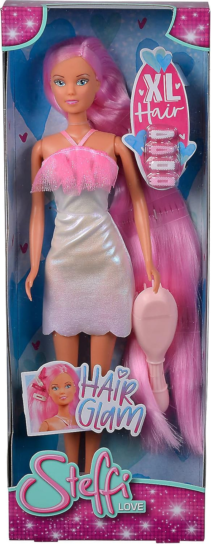 Simba 105733504 - Steffi Love Hair Glam, poupée dans une robe scintillante avec des cheveux extra longs, des pinces à cheveux et une brosse, 29 cm, pour les enfants de 3 ans