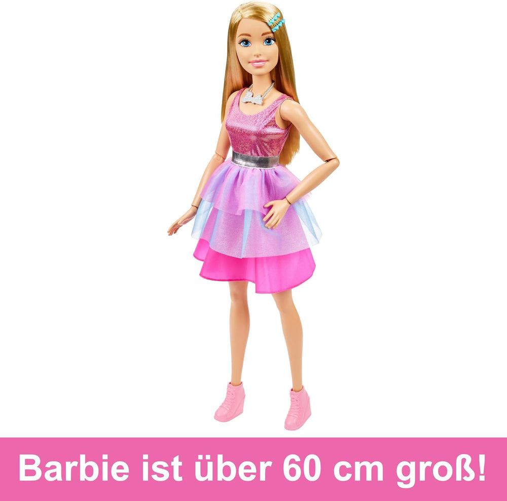 Poupée Barbie Extra Large (71 cm) – Robe rose, cheveux blonds avec pince et collier, cadeau à partir de 3 ans, HJY02