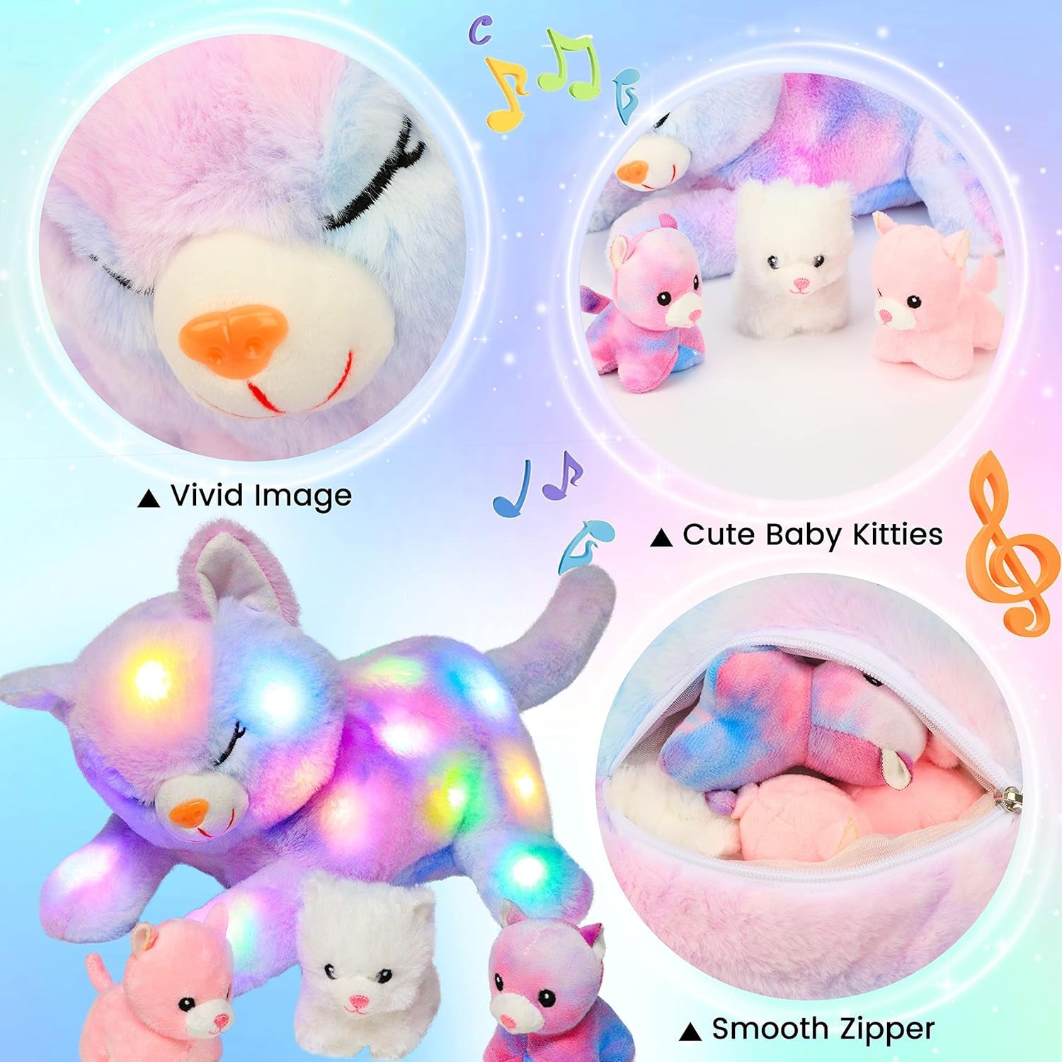 Chat en peluche musical à LED, jouet chantant léger, mère chat avec 3 chatons dans le ventre, berceuse animée, jouet apaisant pour mères, enfants, petites filles, arc-en-ciel, 45 cm