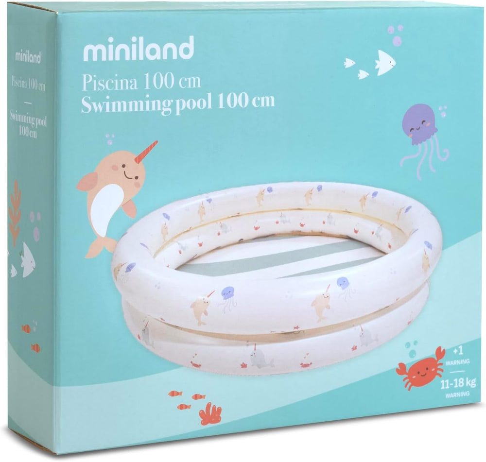 Miniland – Piscină gonflabilă pentru bebeluși 100 cm, piscină rotundă compactă și sigură pentru bebeluși