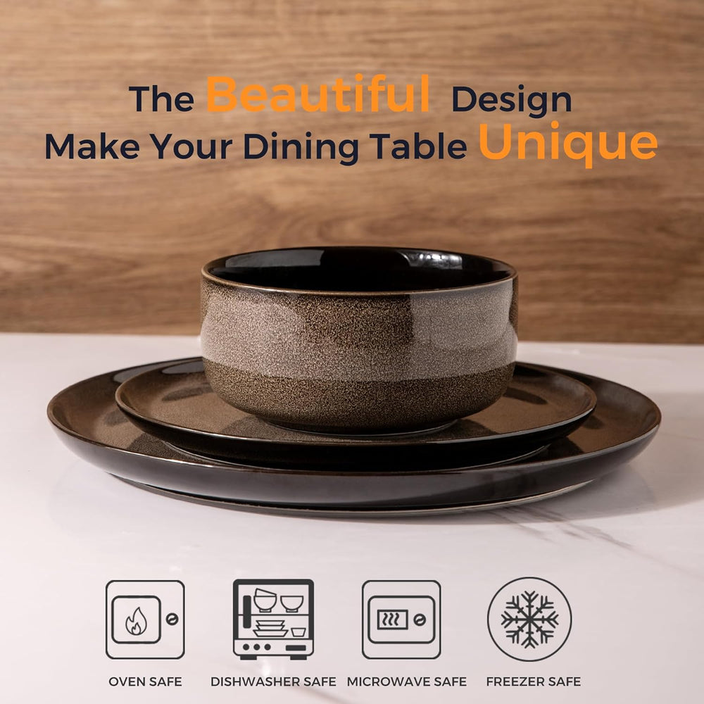 LeRatio Service de table pour 6 personnes, service de table 18 pièces en porcelaine, vernis réactif, ensemble de bols et d'assiettes résistants aux rayures, passe au lave-vaisselle et au micro-ondes, vaisselle