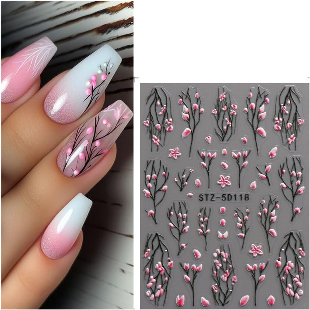 JMEOWIO 3D Nail Art Autocollant Fleur Nail Art Autocollant Selbstklebend Nagelaufkleber 5D Stéréoscopique Frühling Sommer Floral Décoration Nageldesign Zubehör 4 Blatt