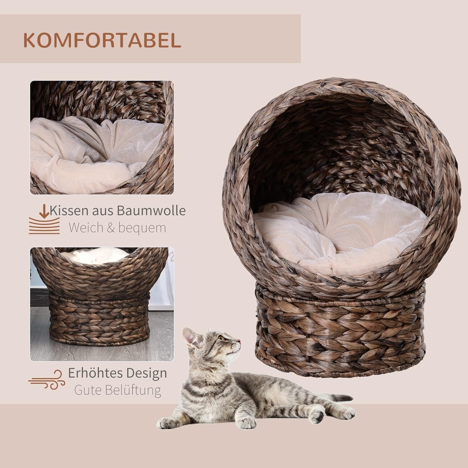 PawHut Rotin Katzenkorb Katzenhöhle Katzenhütte Katzenbett mit Kissen Haustierbett Wasserhyazinthe Kaffee 50 x 42 x 60 cm