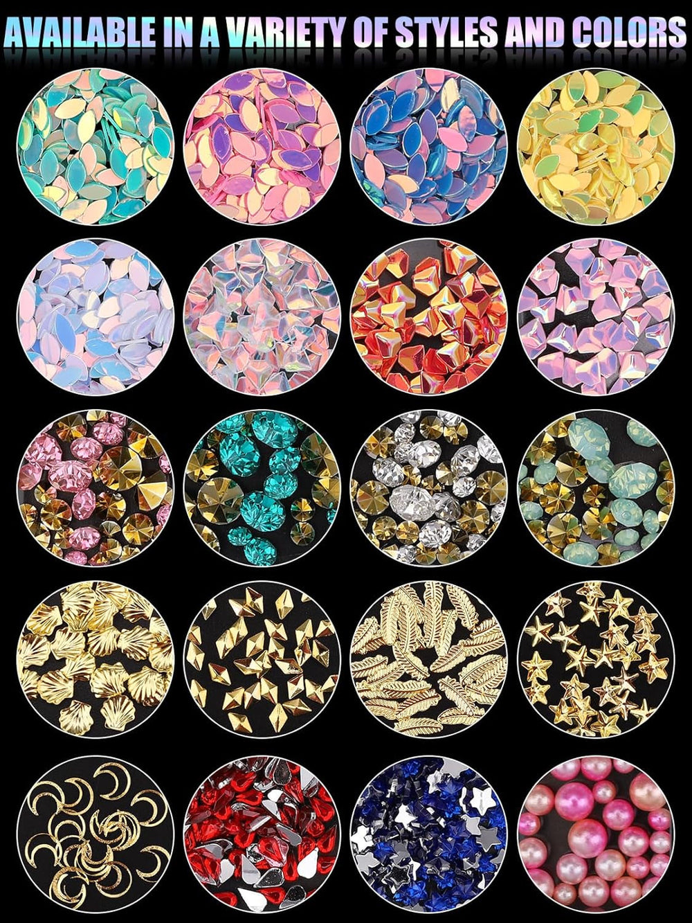 EBANKU Nail Art Strass Kit Multi Design Zubehör Mit 1 Pinzetten 1 Stück Wachsstifte Deko Diamanten Kristalle Perlen Edelsteine ​​​​Bunt Pferdeaugen Strass Metall Nieten Für Nagel DIY (1 Stück (10Er Pack))