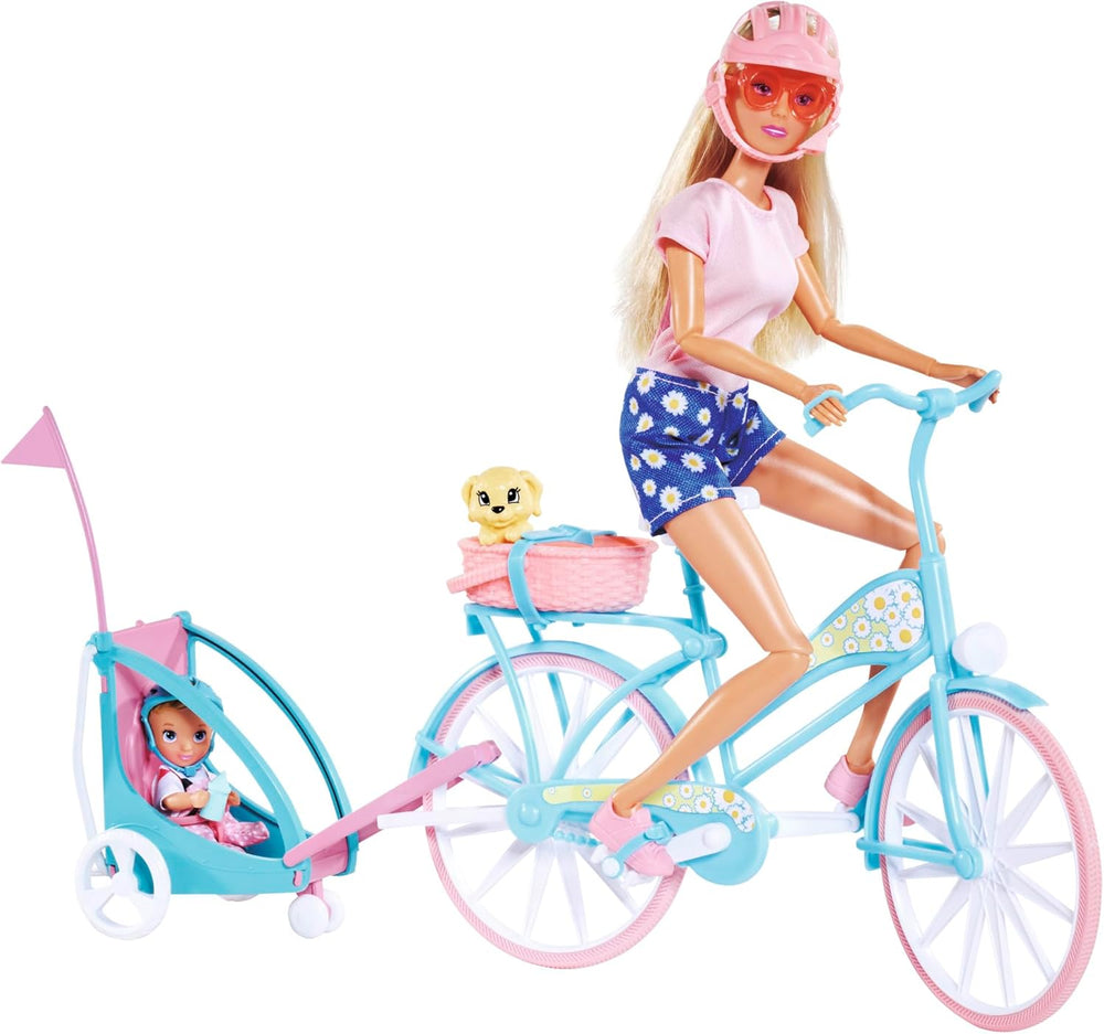 Steffi Love Bike Trailer, poupée sur vélo avec remorque pour bébé, chien et écouteurs, 3 ans et plus
