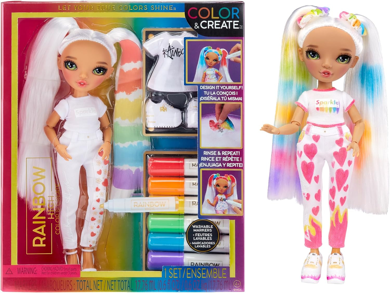 Rainbow High Color & Create DIY Modepuppe - Vert Augen, Zopfe, extra Top & Schuhe, abwaschbare Regenbogenstifte - Ausmalen, Gestalten, Spielen, Auswaschen - pour les enfants de 4 à 12 ans et les jeunes