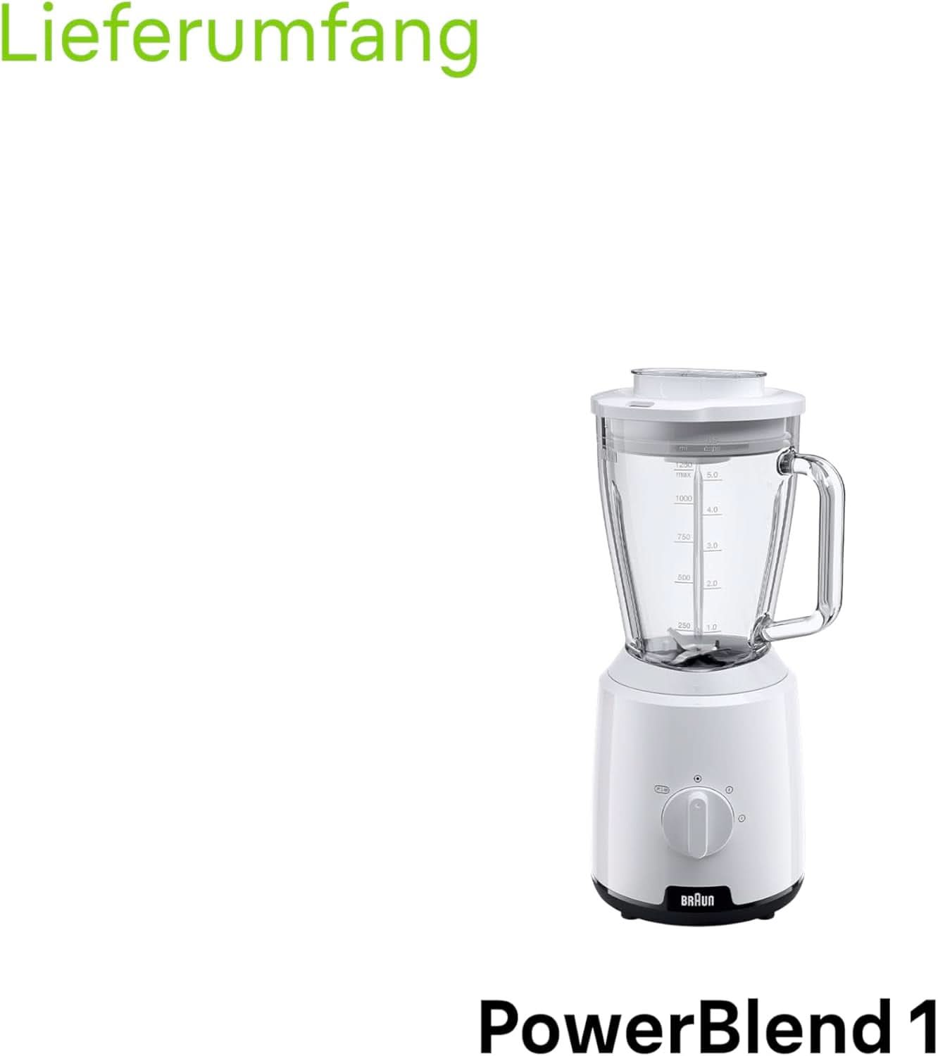 Braun Powerblend 1 JB1050WH - Batteur sur socle avec 1,5 L de bols de mixage en verre, accessoires de cuisine pour mélanger, purifier et mélanger, fonction glace pilée, 2 vitesses de cuisson, 600 watts, blanc cuisine Naty Shop