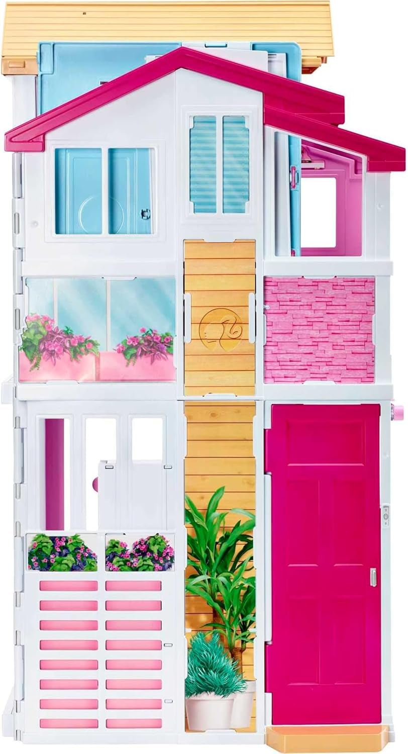 Barbie Dream House, maison de ville sur 3 étages et 5 pièces, comprend des accessoires comme des meubles, pliable et rangement, jouet pour 3 ans et plus, DLY32