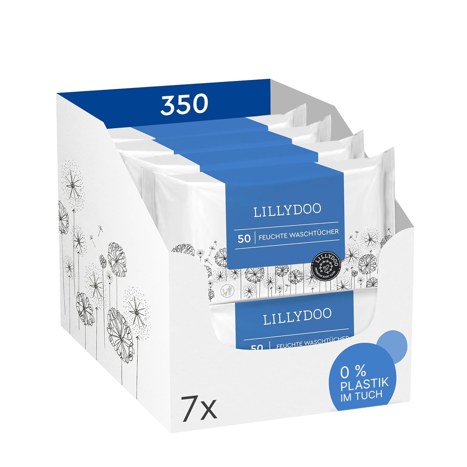 LILLYDOO Lingettes humides 50 pièces 100 % sans plastique, très grandes lingettes, non parfumées