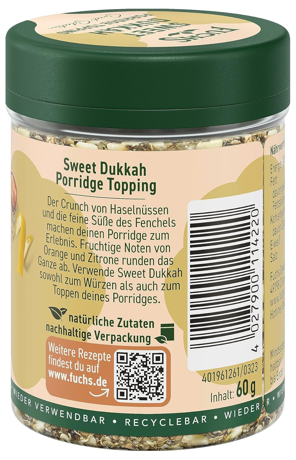 Fuchs Gewürze - Porridge Topping "Sweet Dukkah" - Garniture croustillante avec du jambon, du sésame et des pommes pour les flocons d'avoine - Ingrédient naturel - 60 g en dose variable, recyclable