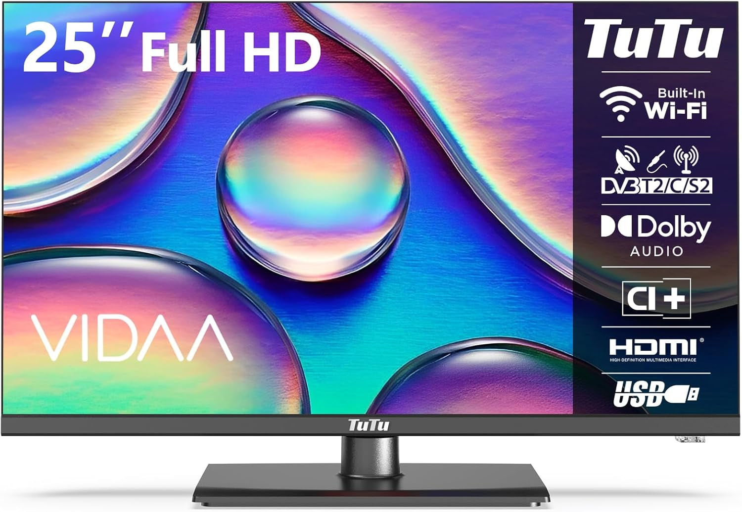 Televizor LED HD TuTu de 24 de inci (60 cm) cu tuner triplu (DVB-T/T2-CS/S2), player media USB, HDMI, VGA, CI/CI+, mod hotel (2024, 220 volți)