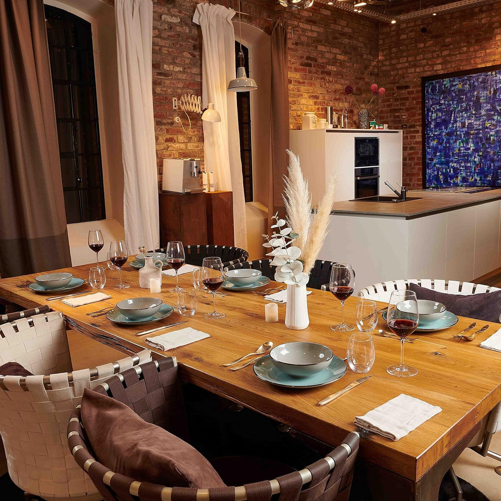 MÄSER Structure en métal, Service de table moderne pour 6 personnes avec structure couleur laiton, Service combiné de 24 pièces avec tasses sans rebord, Grès, Gris