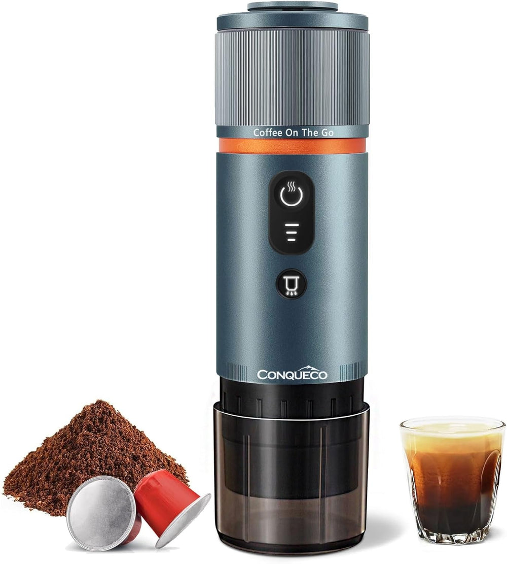 Machine à expresso de voiture CONQUECO 12 V : machine à expresso portable avec batterie pour le camping et les voyages – Chauffage rapide en 2,5 minutes – 8 tasses à expresso en une seule charge