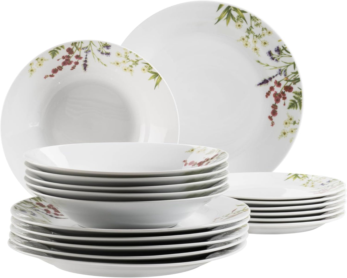Mäser Herbal Garden Service de table 18 pièces pour 4 personnes avec assiettes plates, assiettes creuses et assiettes à dessert, porcelaine, blanc