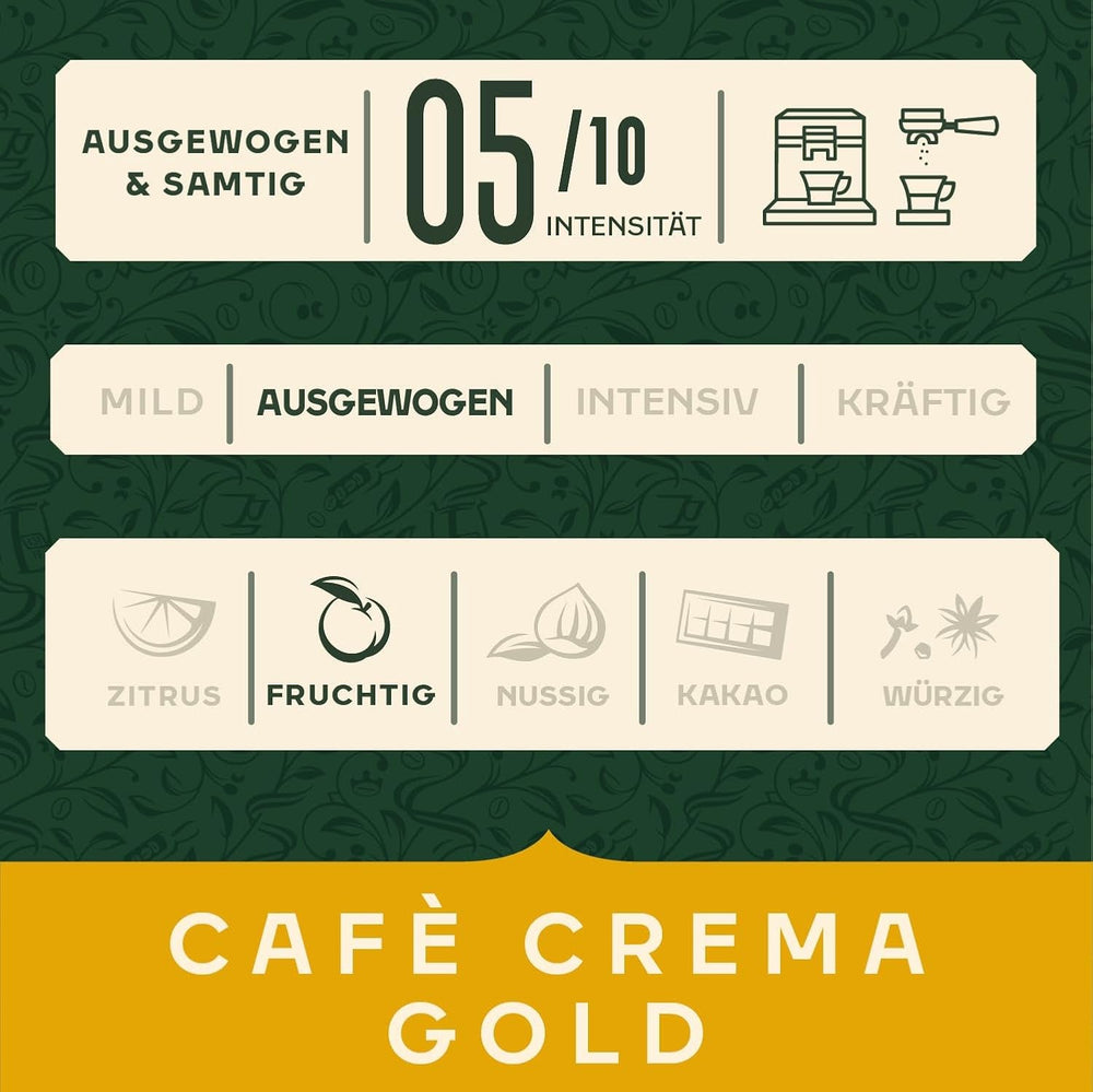 Jacobs Café Crema Gold Café en grains 1 kg – Vollmundig, Aromatisch, Notes fruitées, Arabica & Robusta, Intensité 5/10, Idéal pour Café Crema Naty Shop