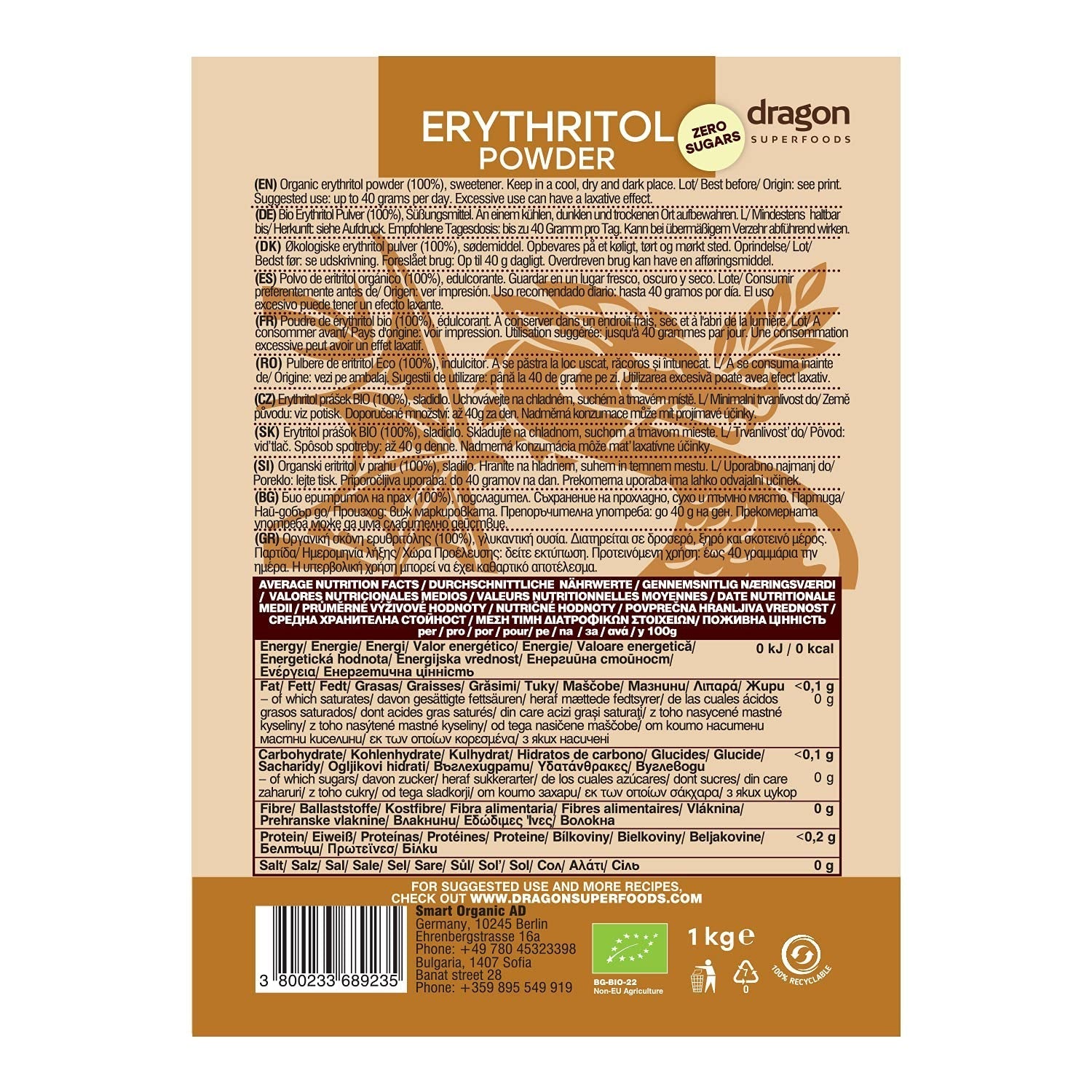 Bio Erythrit - Poudre, 100% Bio, Vegan, Null Kalorien-1Kg Édulcorants Naty Shop