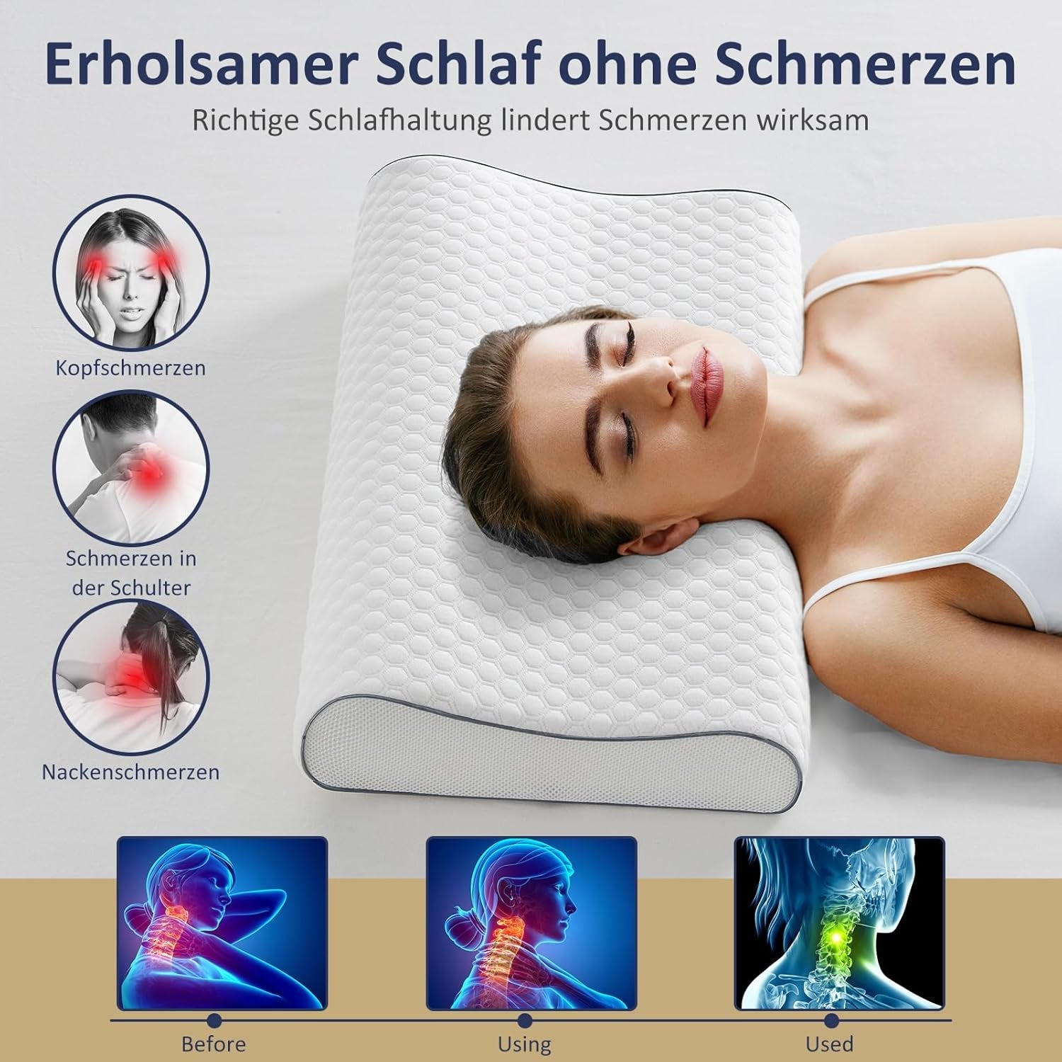 Pernă BedStory din spumă cu memorie, pernă cu suport pentru gât reglabilă pe înălțime, pernă ergonomică, pernă pentru dormit pe o parte pentru cei care dorm pe spate și pe burtă (60x36x12/10 cm)