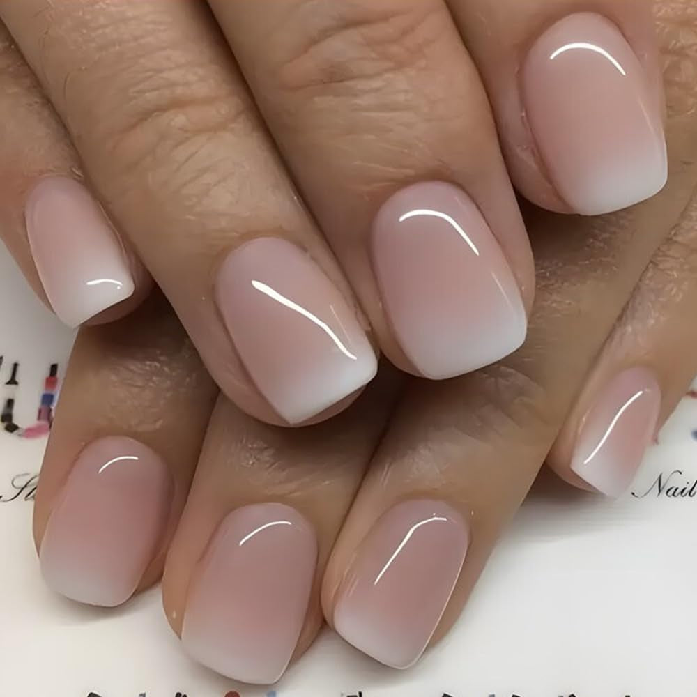 Ensemble de faux ongles adhésifs – Faux ongles français – 24 pièces, design carré court, ongles artificiels dégradés blanc et rose, manucure ballerine (dégradé rose court)