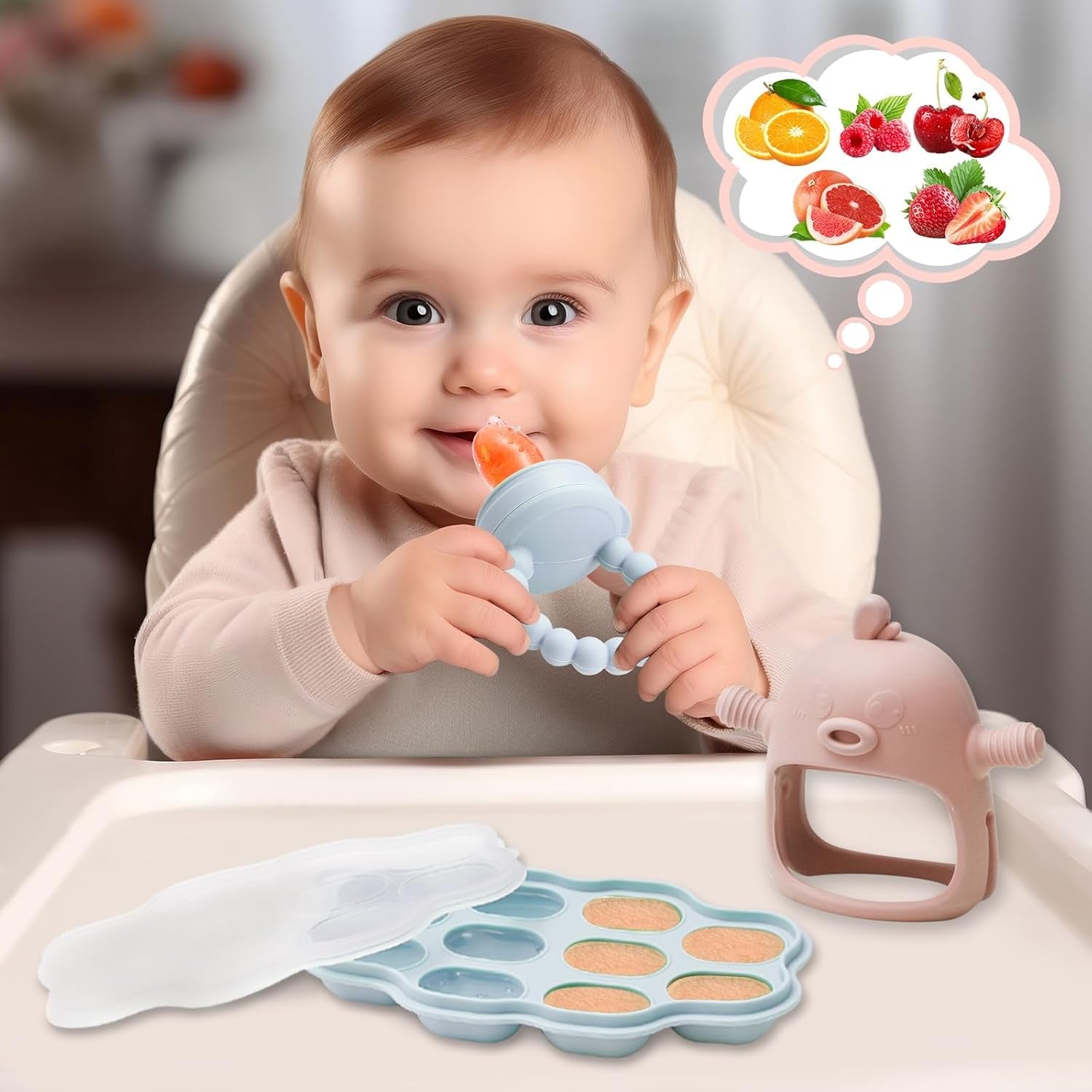 Mangeoire à lait maternel pour bébé, mangeoire à fruits, contient 2 mangeoires à fruits en silicone, stockage des aliments pour bébé, jouet de dentition pour bébé, 5 tétines en silicone en 3 tailles, sans BPA (bleu et rose)