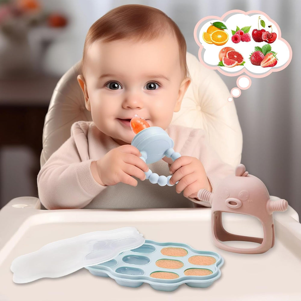 Mangeoire à lait maternel pour bébé, mangeoire à fruits, contient 2 mangeoires à fruits en silicone, stockage des aliments pour bébé, jouet de dentition pour bébé, 5 tétines en silicone en 3 tailles, sans BPA (bleu et rose)