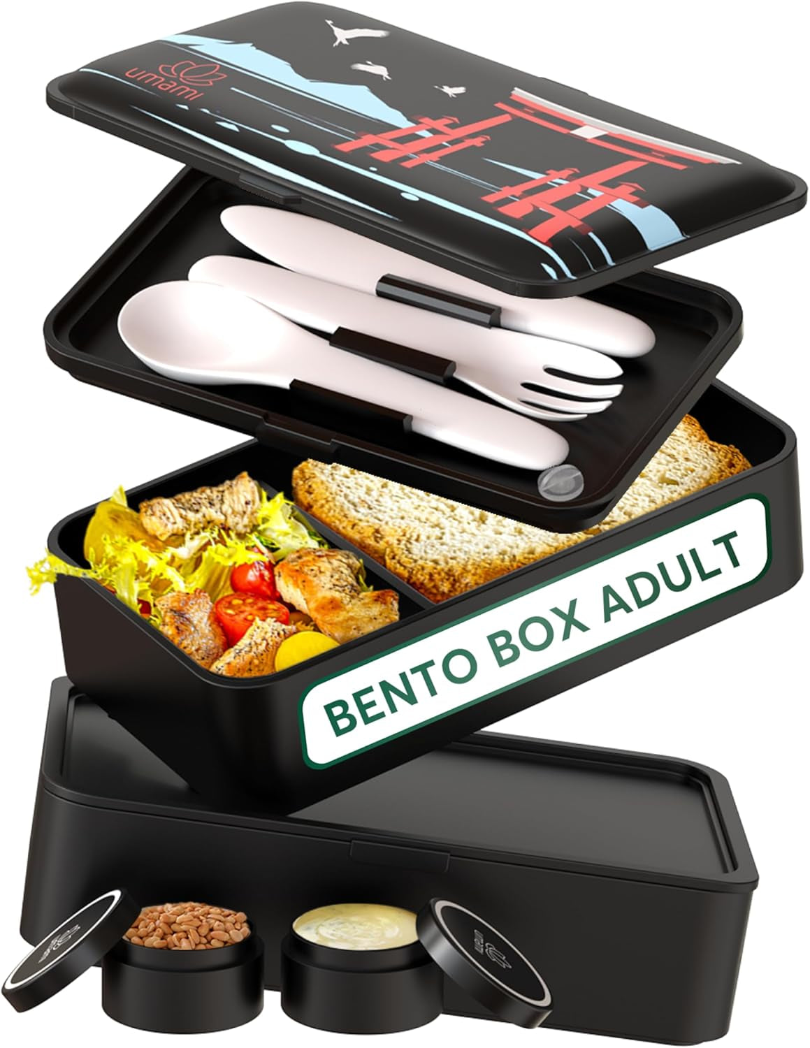 Umami Boîte à Lunch pour Adultes, 4 Couverts et Compartiment Boîte à Bento Empilable Anti-Fuite, Boîte à Lunch Adulte, Récipient à Salade à Emporter, Boîte à Lunch Pique-Nique/Bureau, Gris Charbon, 1500 ML