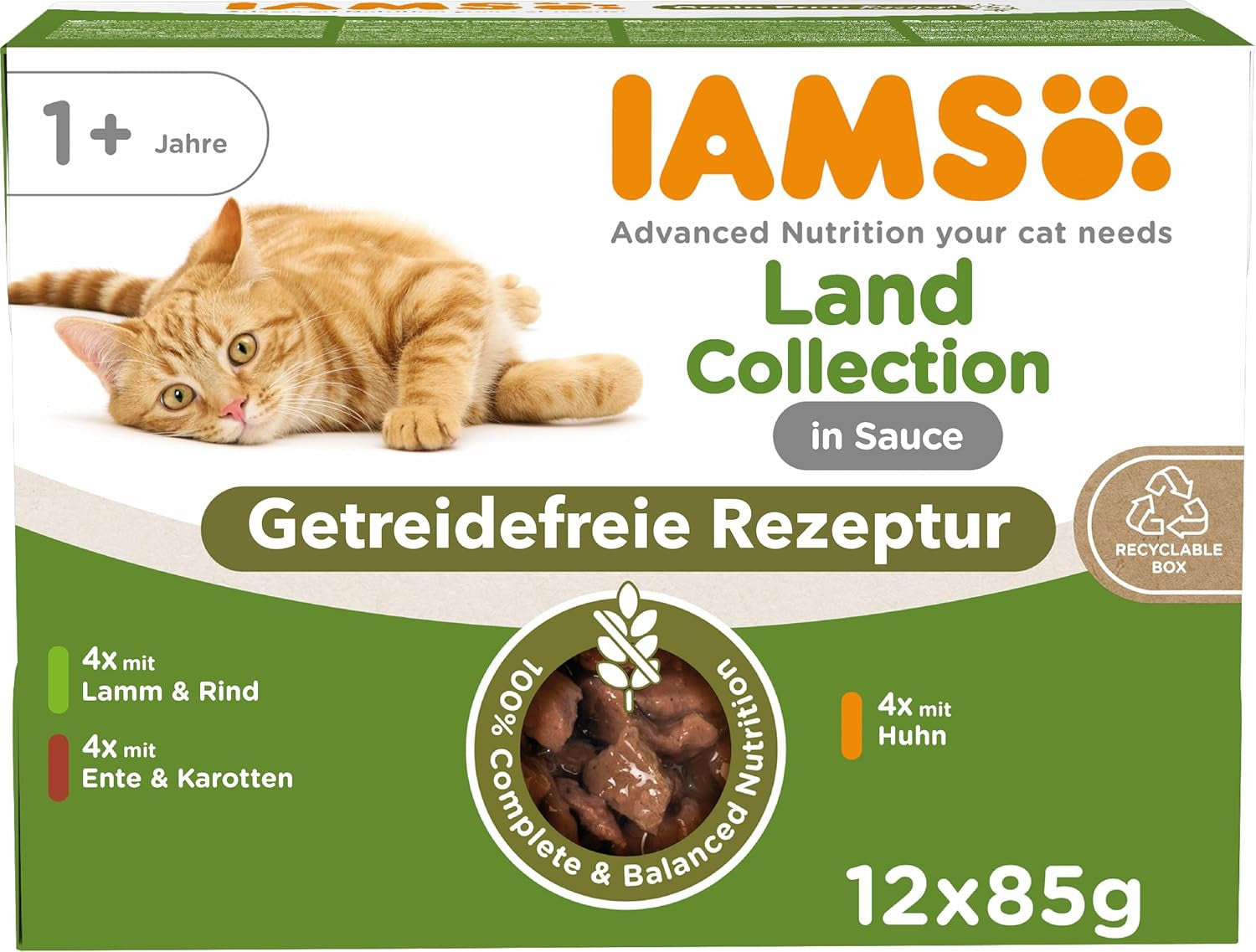 IAMS Delights Land Collection Nourriture humide pour chats sans céréales – Pack varié de viande Multi Pack Nourriture humide sans céréales pour chats de 1 an et plus 12 x 85 g