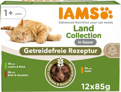 IAMS Delights Land Collection Nourriture humide pour chats sans céréales – Pack varié de viande Multi Pack Nourriture humide sans céréales pour chats de 1 an et plus 12 x 85 g