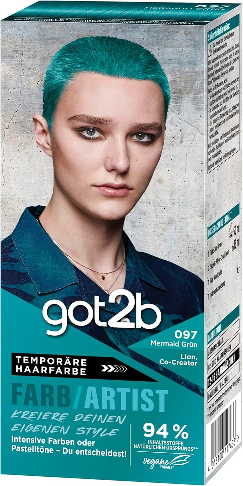 got2b Colour/Artist 097 Mermaid Green Niveau 2 (3x 80 ml), teinture capillaire temporaire fait briller les cheveux dans des couleurs intenses ou des tons pastel, la teinture capillaire dure 12-15 lavages, formule végétalienne Teinture capillaire Naty Shop
