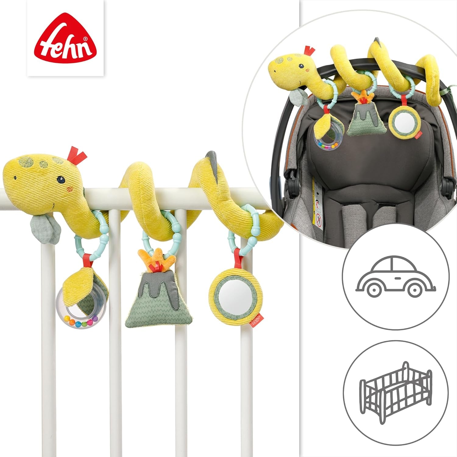 Fehn Activity Spiral Dino - jouet pour poussette à pousser et à tirer - jouet bébé dinosaure pour lit, aire de jeux, landau et siège auto - jouet d'activité motrice pour bébés et jeunes enfants à partir de 0 mois Baby Toys Naty Shop