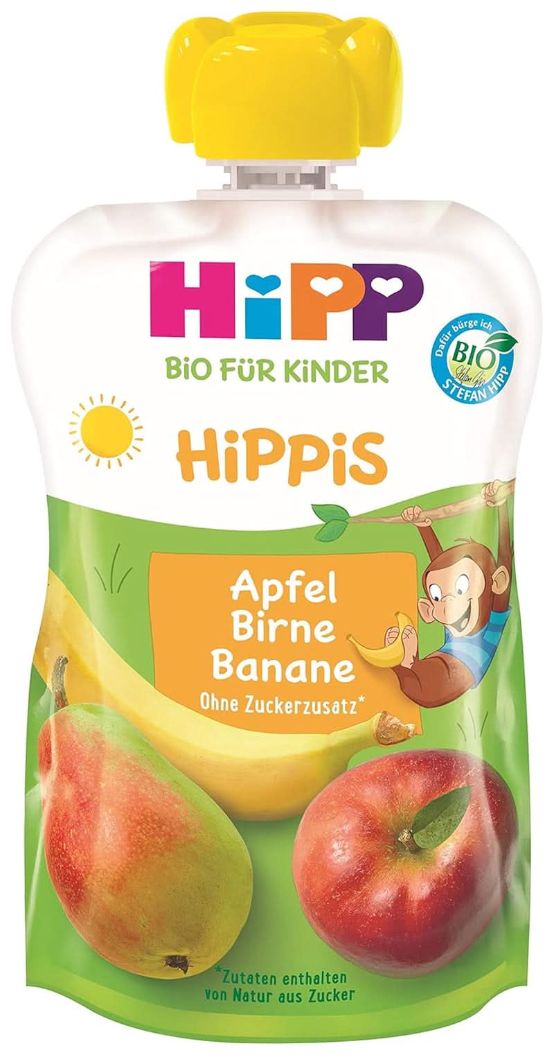 Pungi de stoarcere Hipp Super-Hippis, acerola de rodie in mere-zmeura, fructe 100% bio fara zahar adaugat, 6 pungi de 100 g Mama si Copilul Naty Shop 6 x 100 grame Măr-pere-banană
