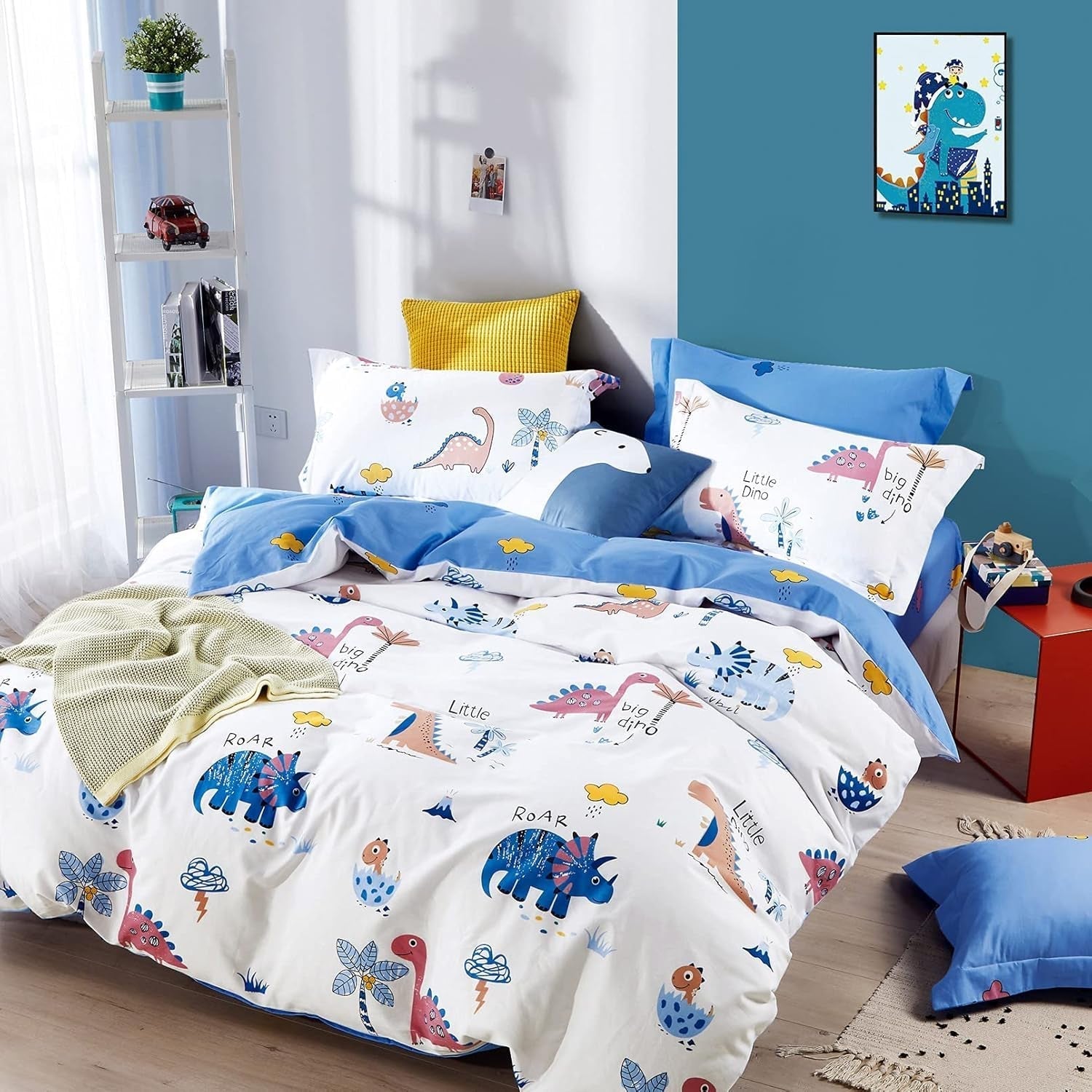 Parure de lit enfant mixte dinosaures en coton Parure de lit enfant Naty Shop Modèle A 135 X 200 cm + 80 X 80 cm