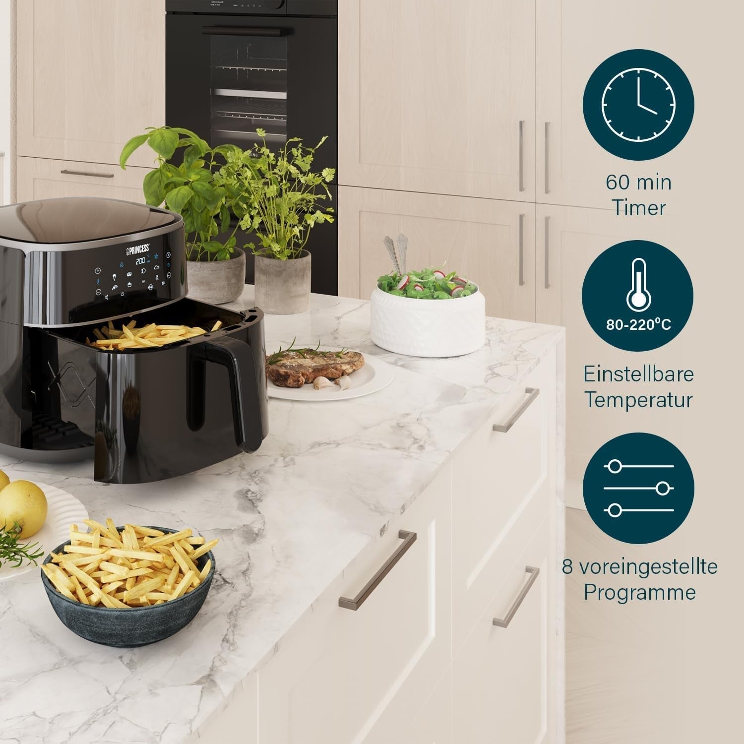Friteuse à air chaud numérique Princess - Capacité du bol variable - 8 litres maximum - 6 programmes prédéfinis Électroménager Naty Shop