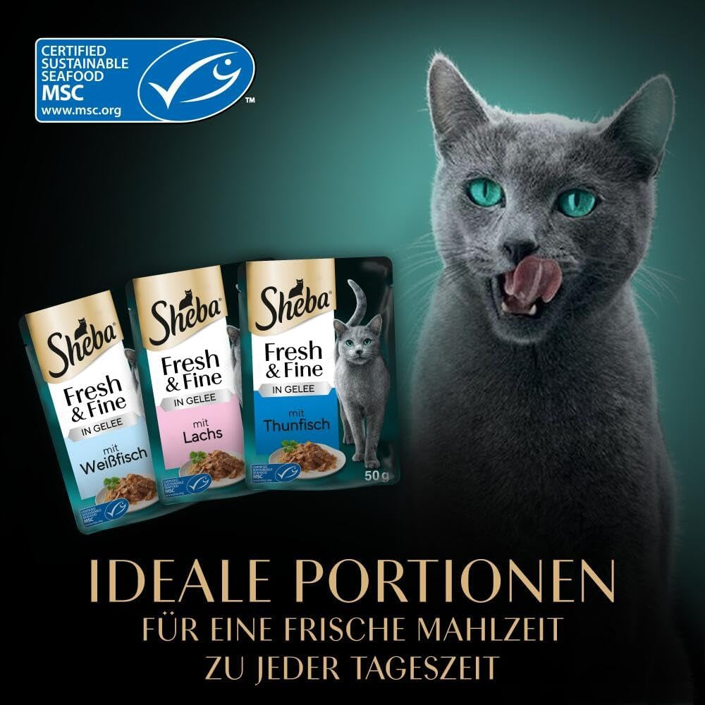Sheba Portion Pouches Nourriture humide pour chats, Multipack Fresh & Fine en gelée avec thon et saumon MSC, 6x6x50g - Repas sains pour chats avec gelée