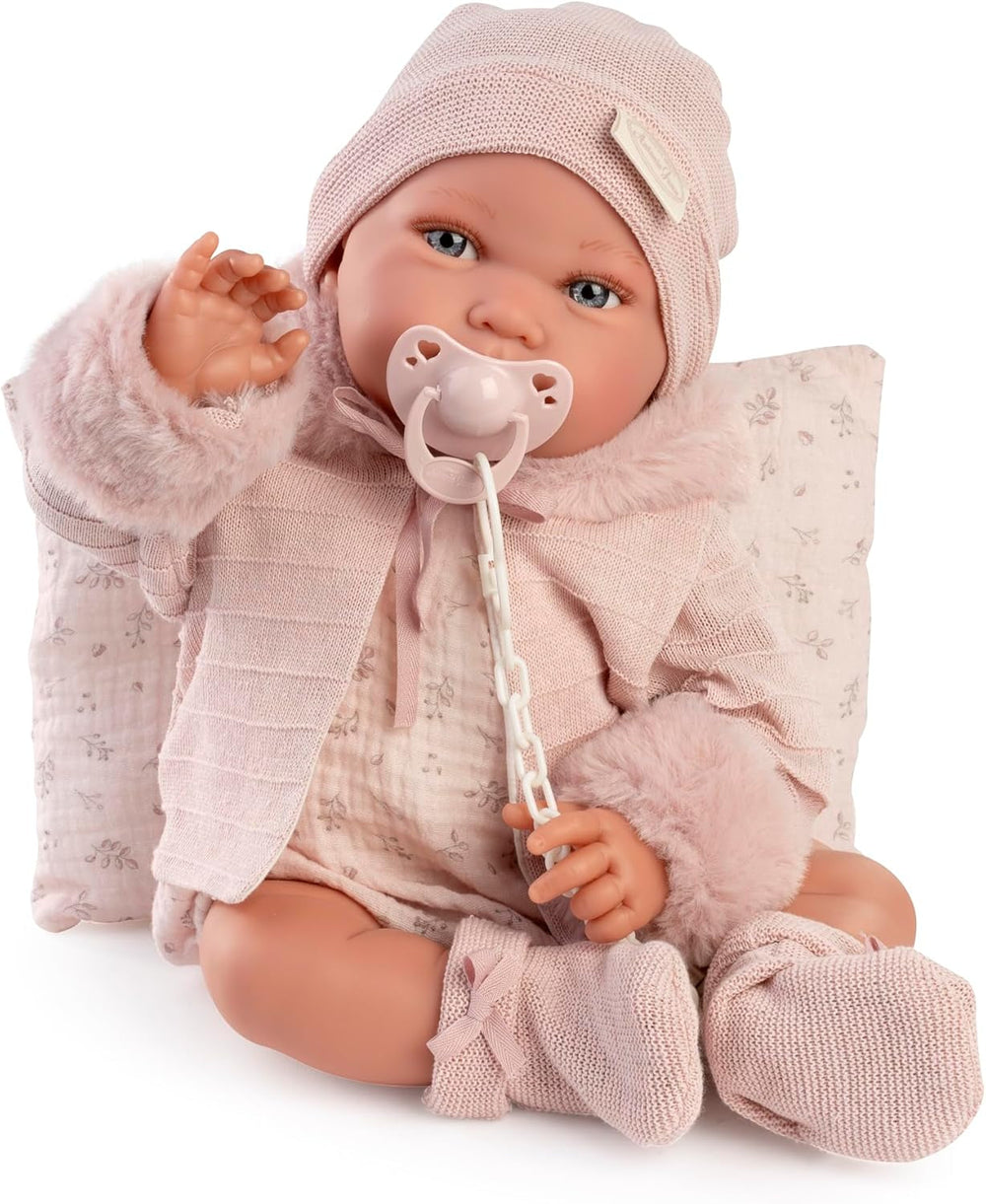 Antonio Juan Puppen für Neugeborene, Winterpfeife, realistische Babypuppe, 42 cm, mit rosa Kleidung, Schnuller und Kissen im Lieferumfang enthalten
