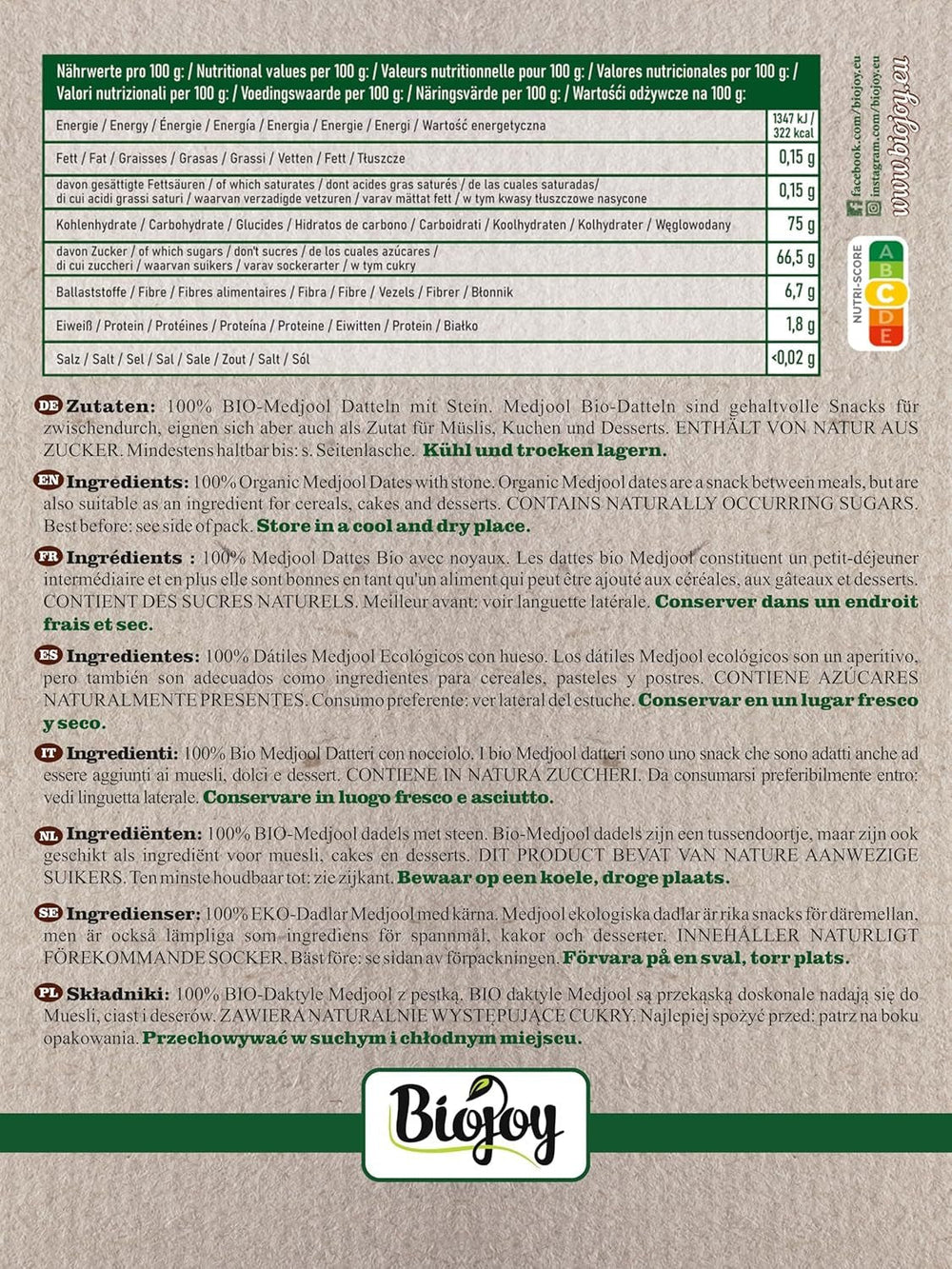 Dattes Biojoy BIO-Medjool d'Israël (5 kg), séchées et entières, non soufrées, Produits déshydratés de la Mer Naty Shop