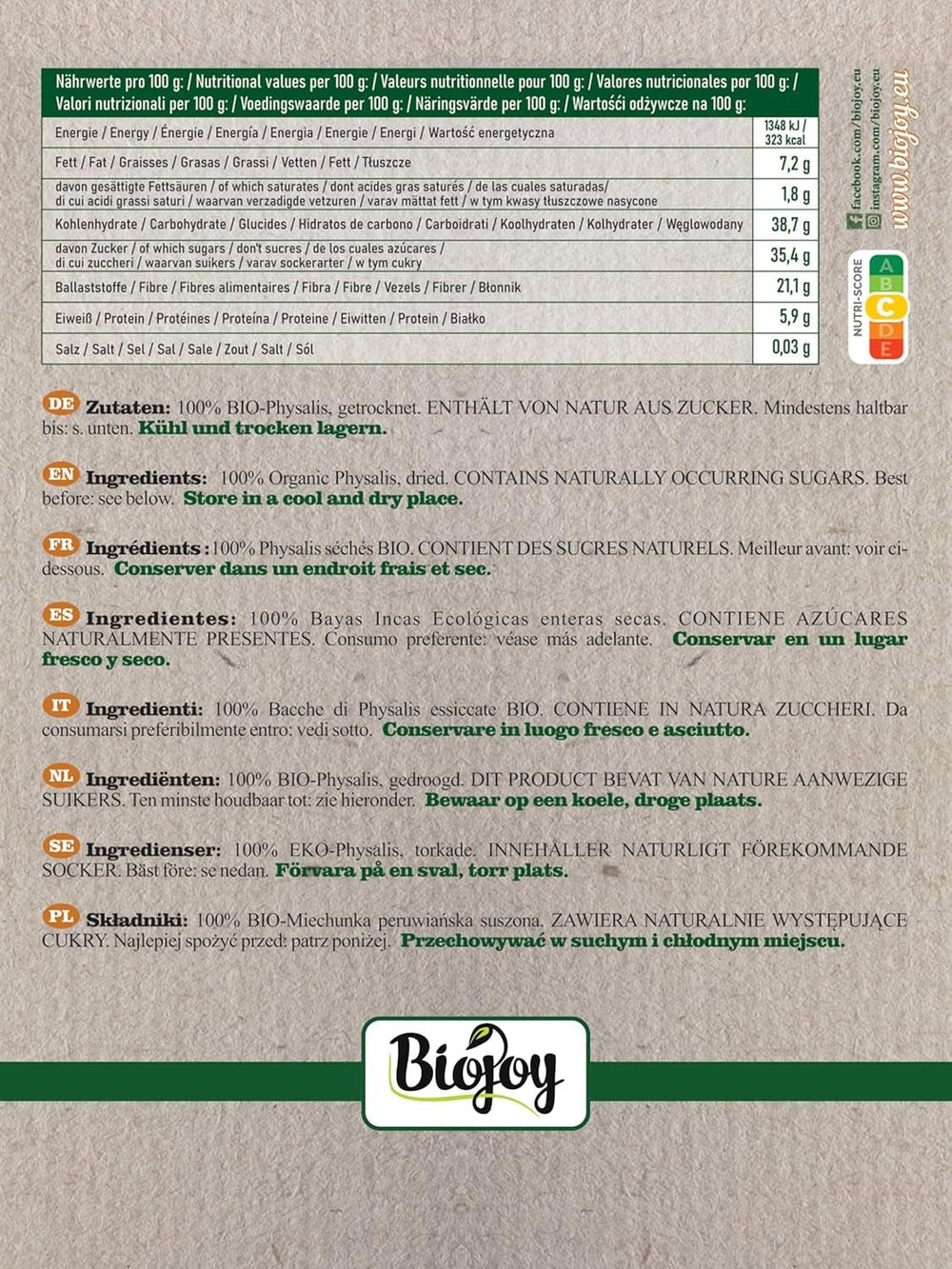 Biojoy BIO-Physalis (1 kg), baies d'Inca séchées et non soufrées Naty Shop produits déshydratés