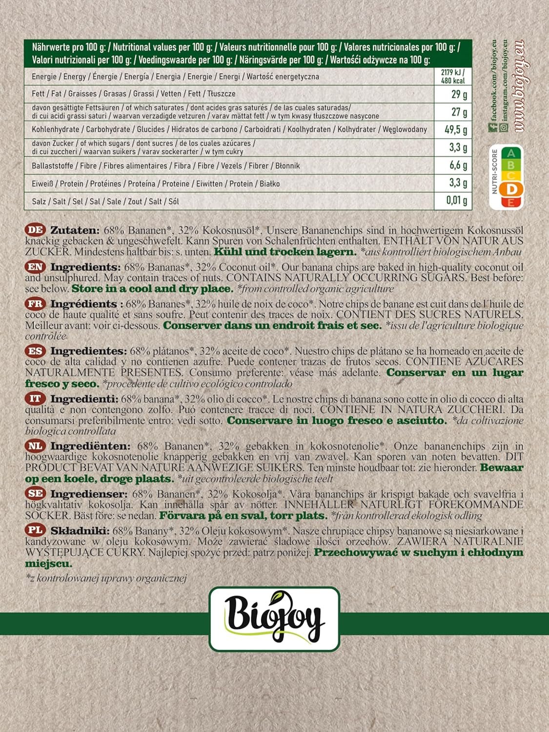 Chips de banane bio Biojoy (500 g), produits déshydratés Naty Shop séchés et non sulfurés