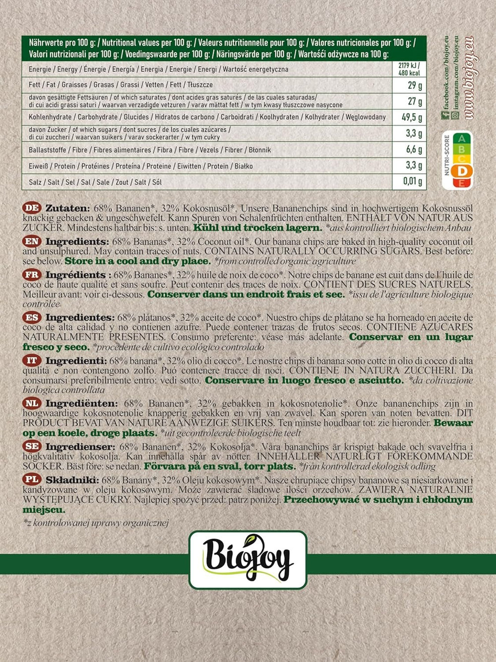 Chips de banane bio Biojoy (500 g), produits déshydratés Naty Shop séchés et non sulfurés