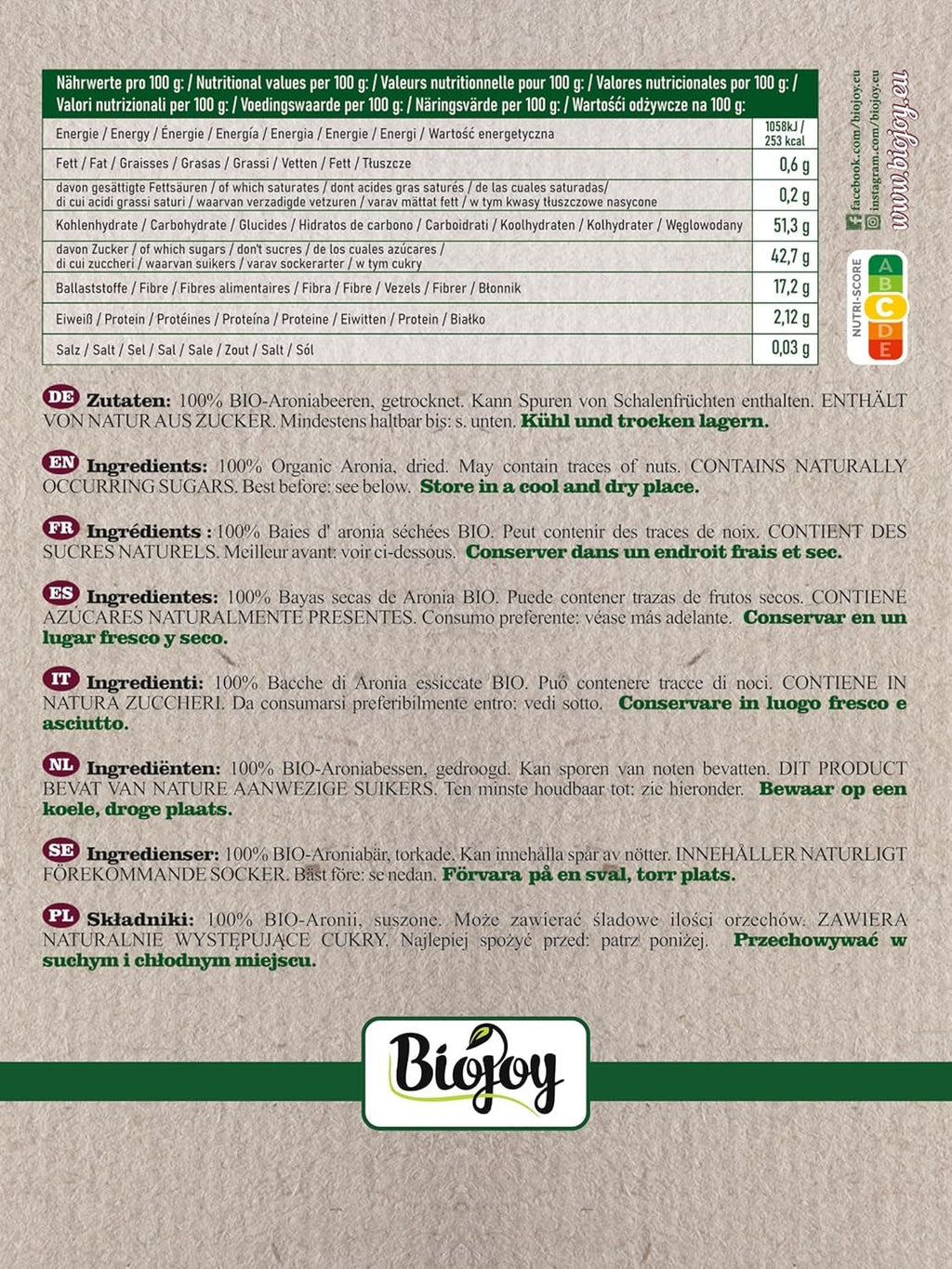 Biojoy fructe de aronia organice (1 kg), uscate și întregi (Aronia melanocarpa) Produse deshidratate Naty Shop