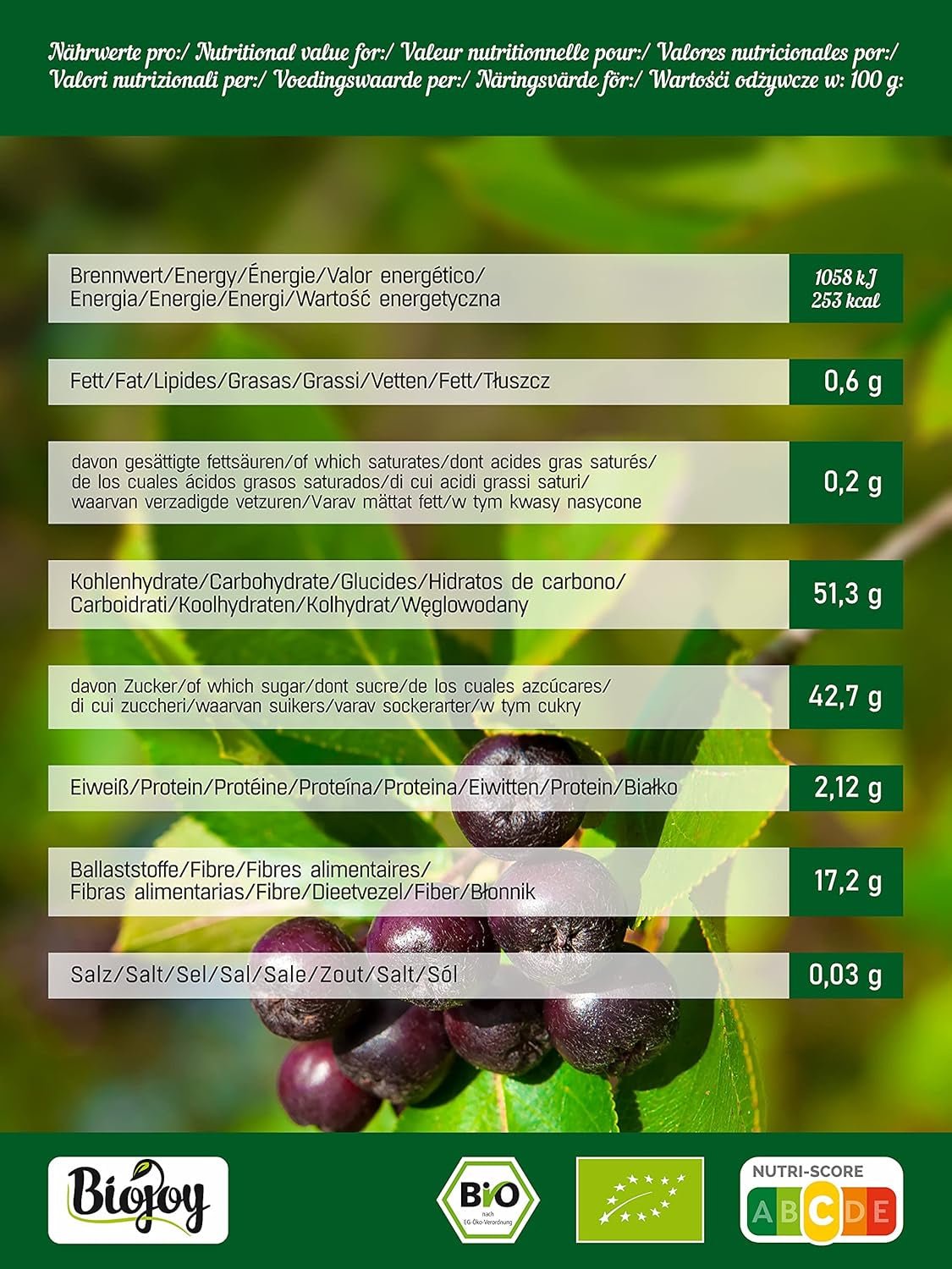 Fruits d'aronia bio Biojoy (1 kg), séchés et entiers (Aronia melanocarpa) Produits déshydratés Naty Shop