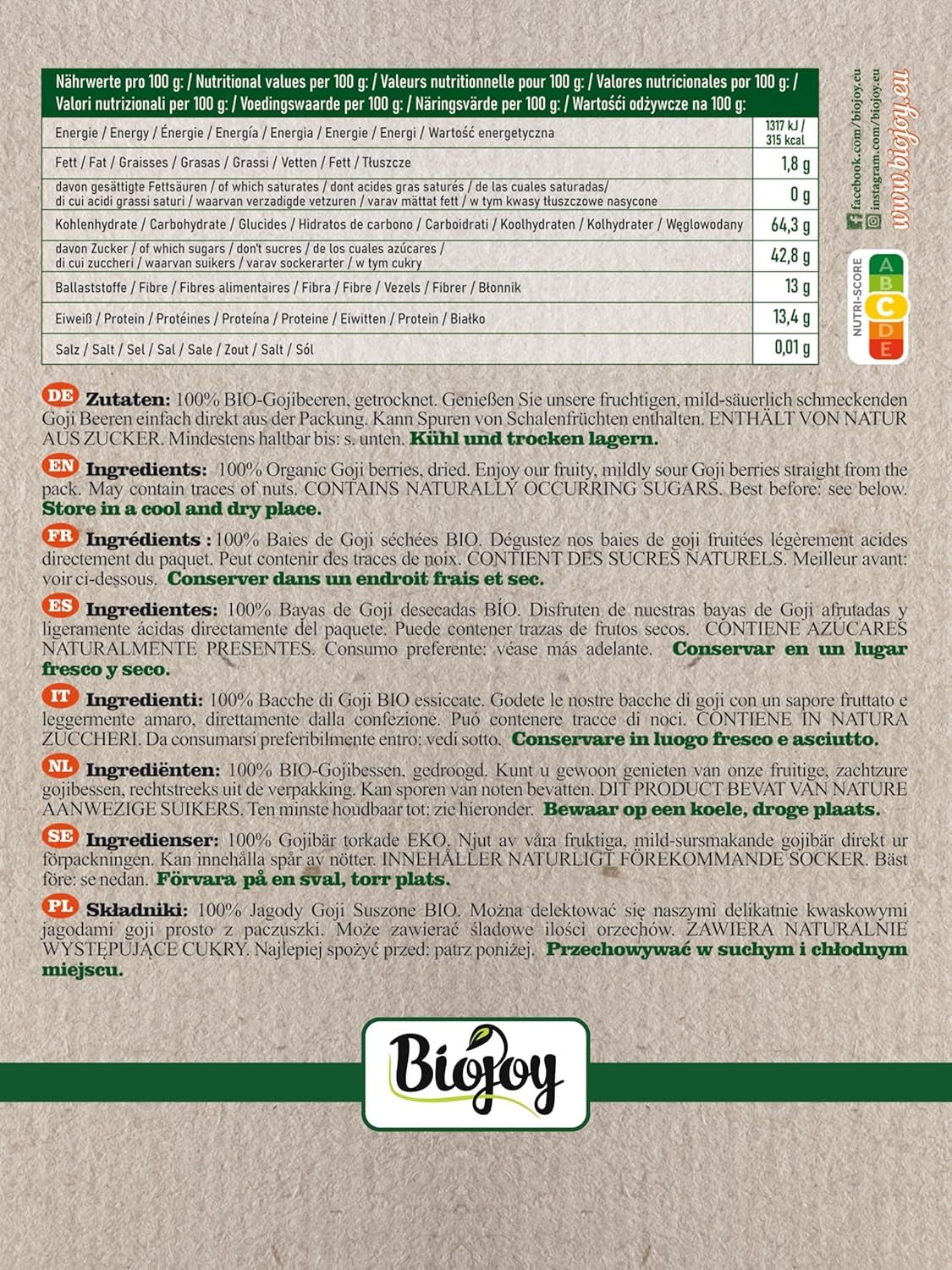 Baies de goji bio séchées Biojoy (1 kg), baies de goji entières et non soufrées Produits déshydratés Naty Shop