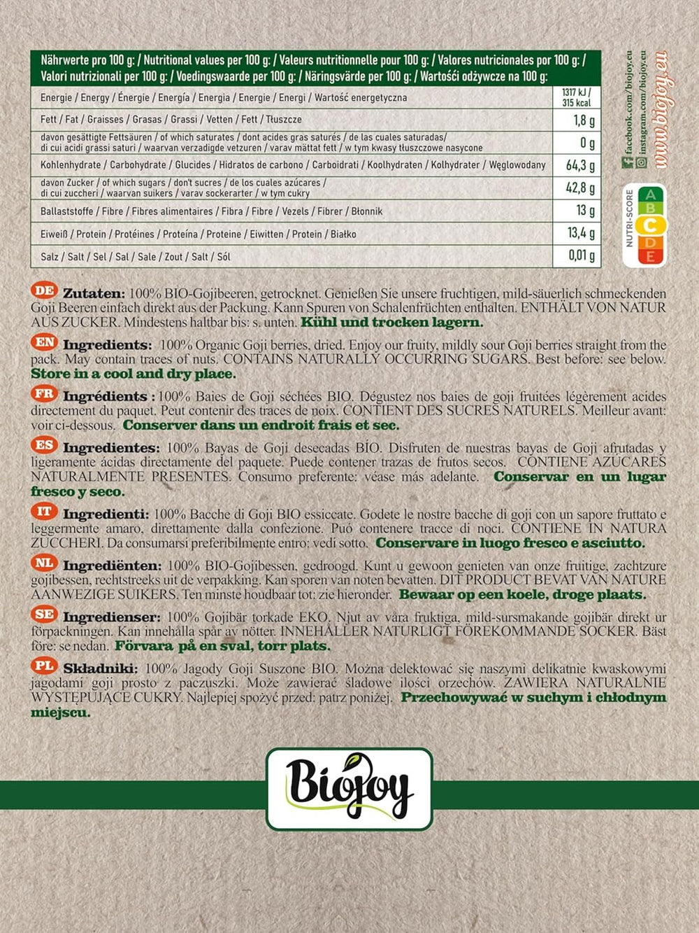 Baies de goji bio séchées Biojoy (1 kg), baies de goji entières et non soufrées Produits déshydratés Naty Shop