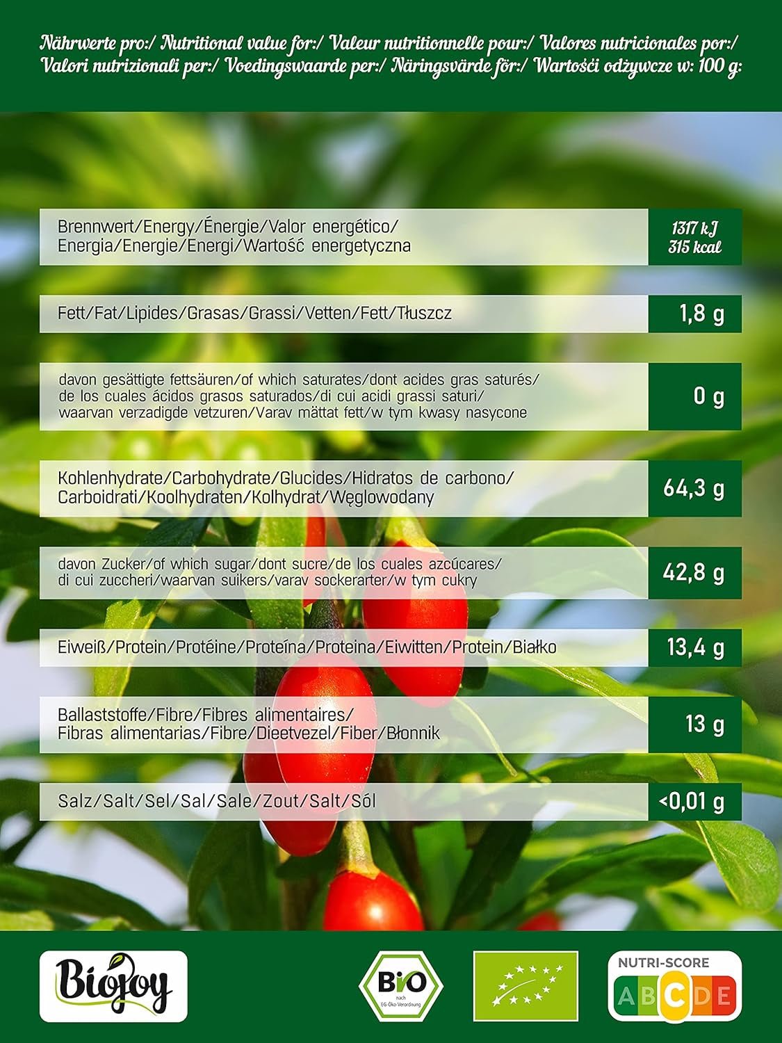 Biojoy fructe de goji bio uscate (1 kg), fructe de lup întregi și nesulfurate Produse deshidratate Naty Shop