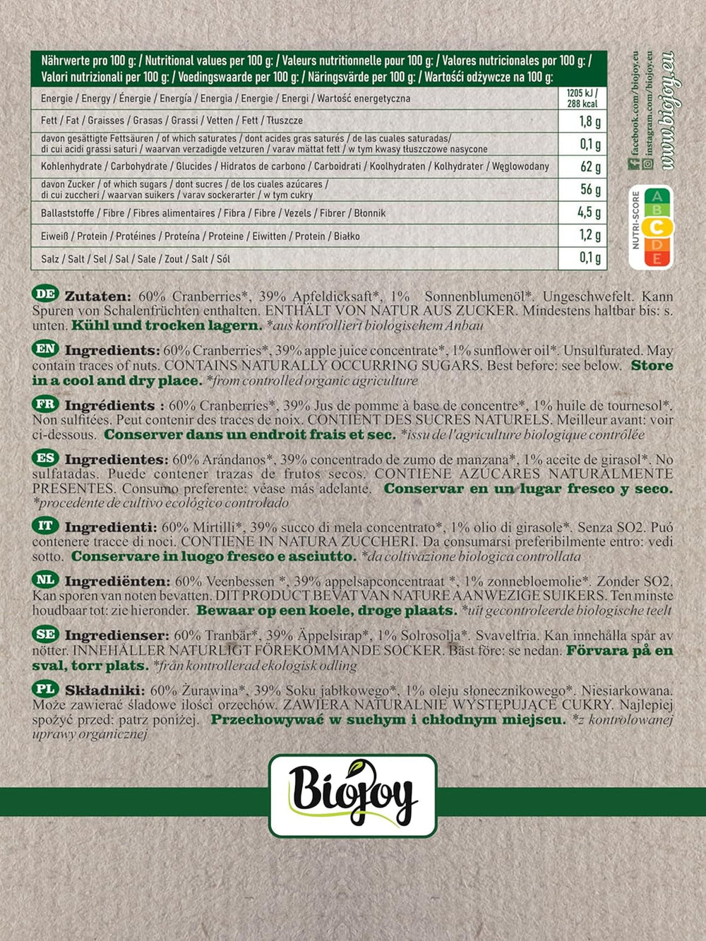 Canneberges séchées bio Biojoy (1 kg), canneberges sucrées au sirop de pomme Produits déshydratés Naty Shop