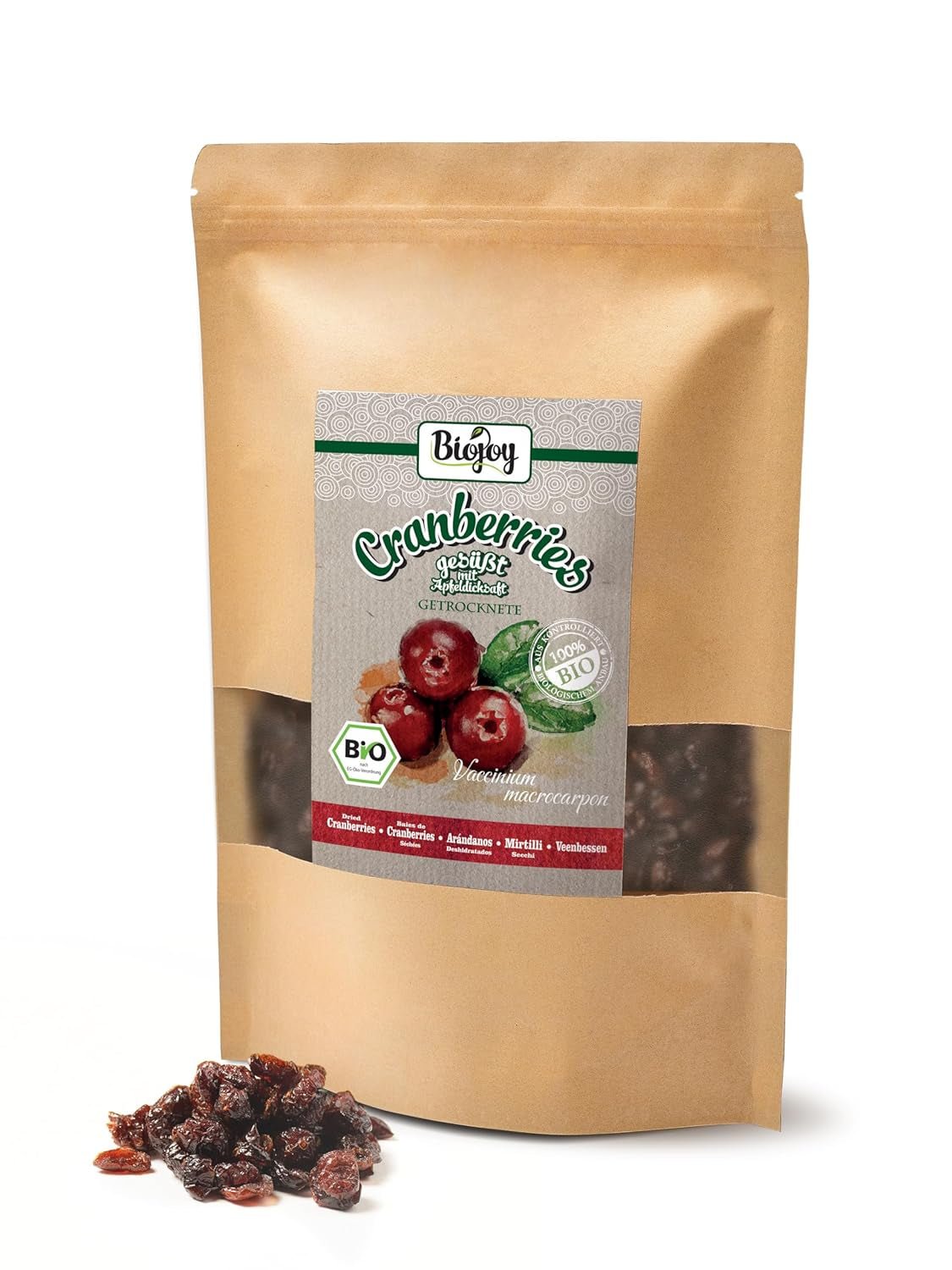 Canneberges séchées bio Biojoy (1 kg), canneberges sucrées au sirop de pomme Produits déshydratés Naty Shop