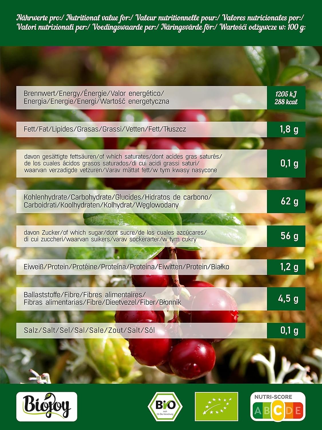 Canneberges séchées bio Biojoy (1 kg), canneberges sucrées au sirop de pomme Produits déshydratés Naty Shop