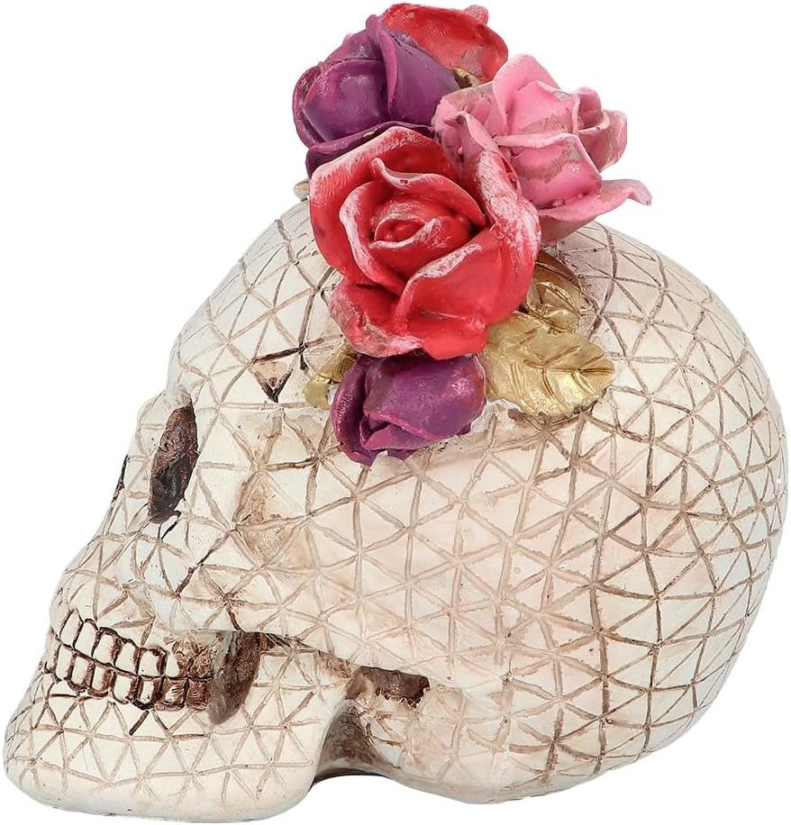 Boland 73089 - Décoration Crâne avec Roses, Crâne avec Couronne de Fleurs, Décorations de Table pour Halloween et Carnaval, Statuettes et Sculptures Dia de los Muertos Naty Shop